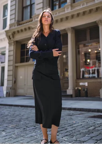 Navy Knit with 3D Flowers & Black Midi Outfit