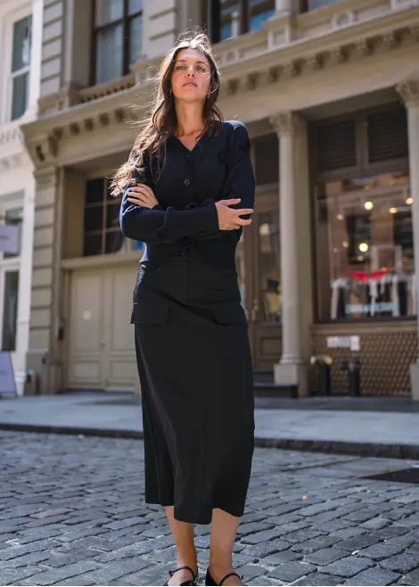 Navy Knit with 3D Flowers & Black Midi Outfit