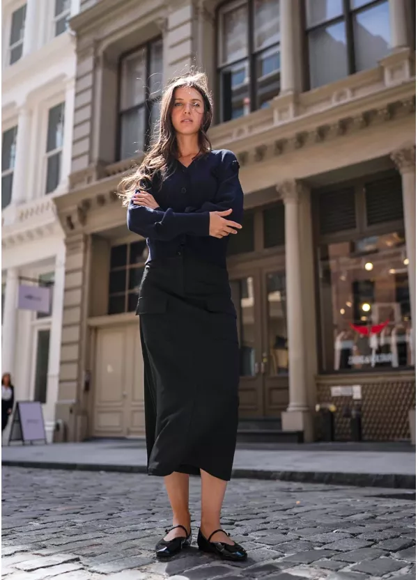 Navy Knit with 3D Flowers & Black Midi Outfit