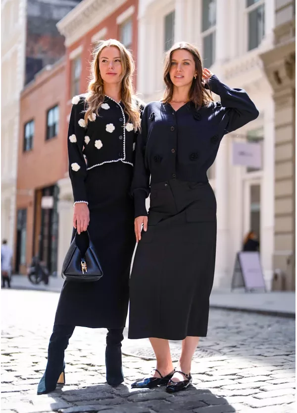 Navy Knit with 3D Flowers & Black Midi Outfit