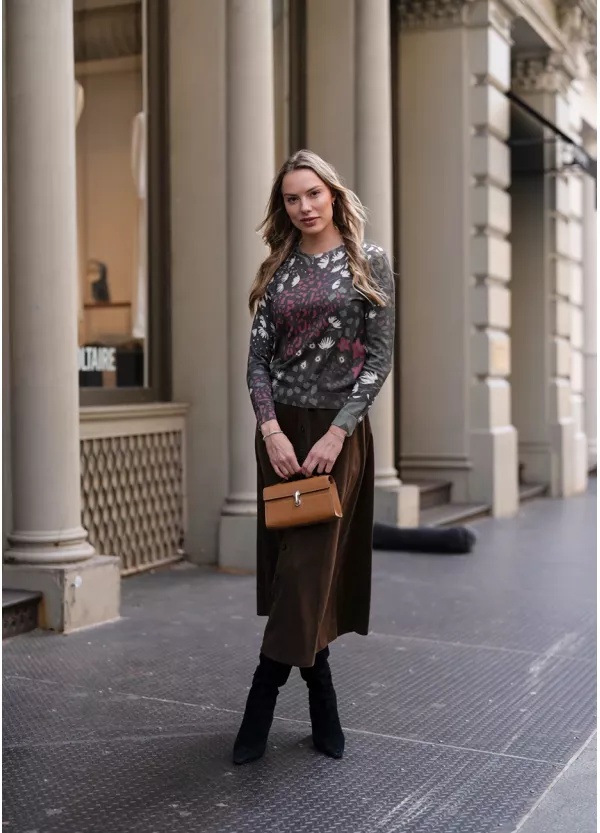 Autumn Garden Print & Corduroy Skirt Outfit
