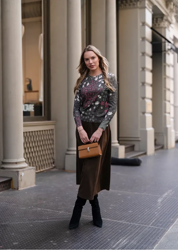 Autumn Garden Print & Corduroy Skirt Outfit