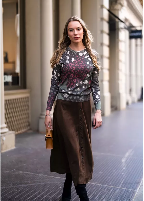Autumn Garden Print & Corduroy Skirt Outfit