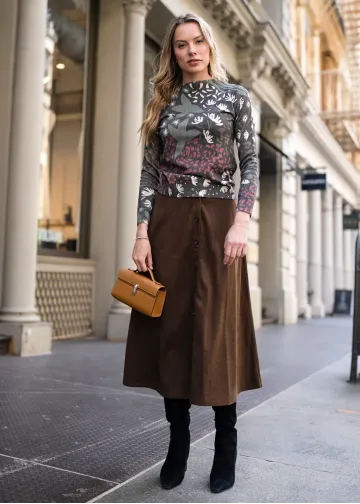 Autumn Garden Print & Corduroy Skirt Outfit