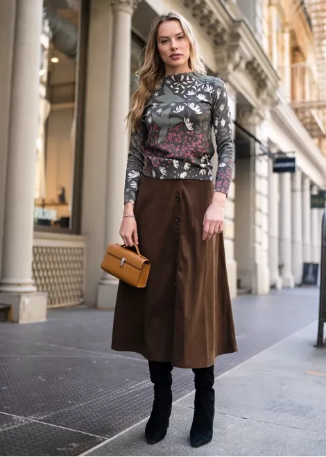 Autumn Garden Print & Corduroy Skirt Outfit