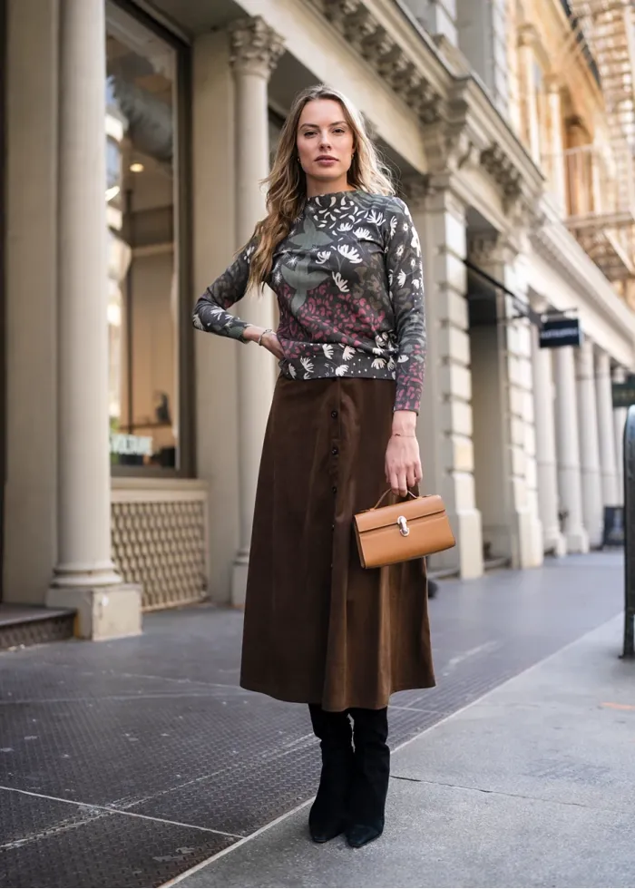 Autumn Garden Print & Corduroy Skirt Outfit