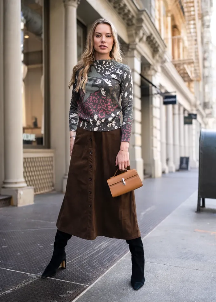 Autumn Garden Print & Corduroy Skirt Outfit