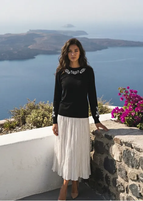 Black Embroidered Knit & Cream Textured Skirt Outfit
