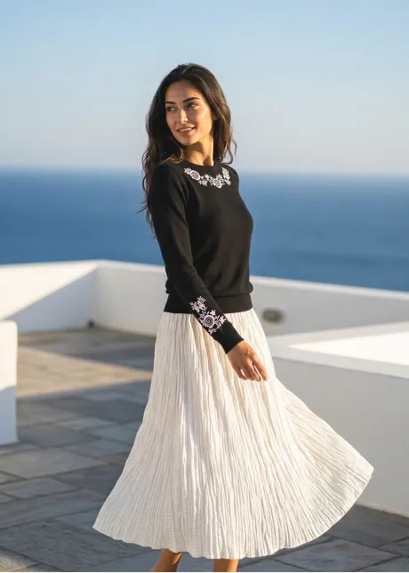 Black Embroidered Knit & Cream Textured Skirt Outfit