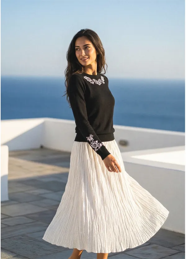 Black Embroidered Knit & Cream Textured Skirt Outfit