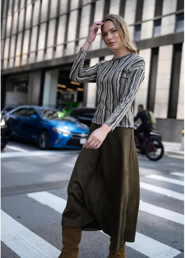 City Stripes & Olive Skirt Outfit