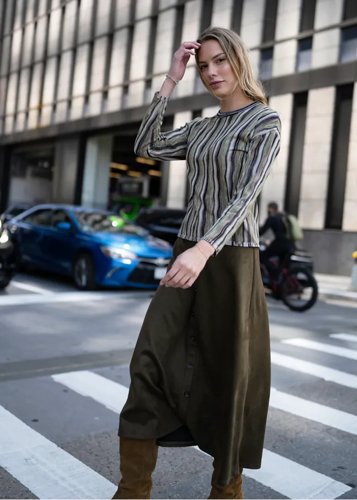 Olive Midi Skirt with Front Placket