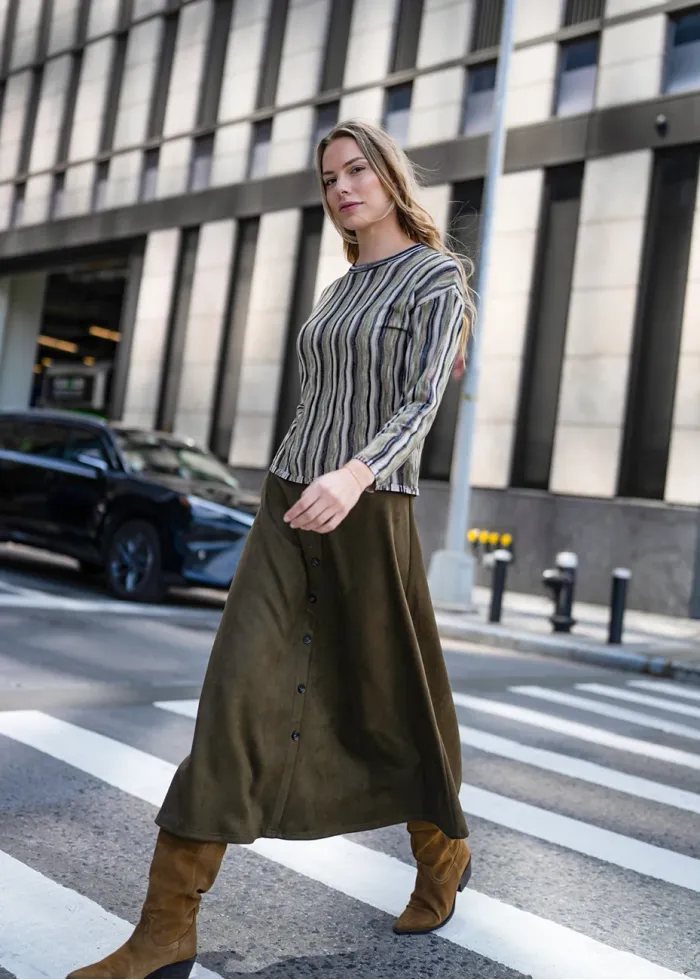Olive Midi Skirt with Front Placket