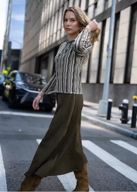 City Stripes & Olive Skirt Outfit