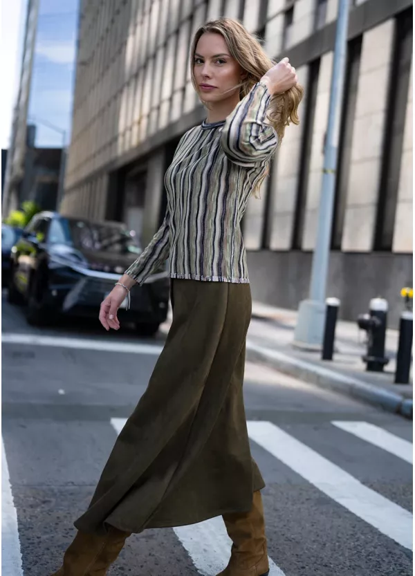 City Stripes & Olive Skirt Outfit