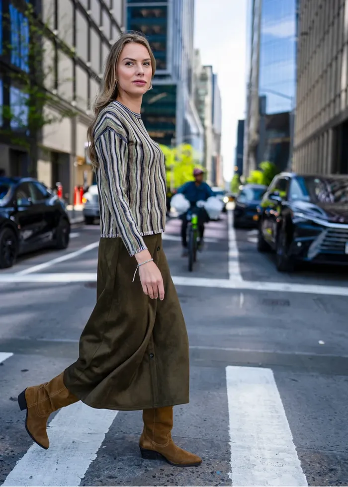 Olive Midi Skirt with Front Placket