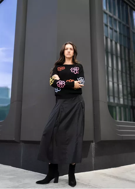 Bright Petal Knit & Black Skirt Outfit