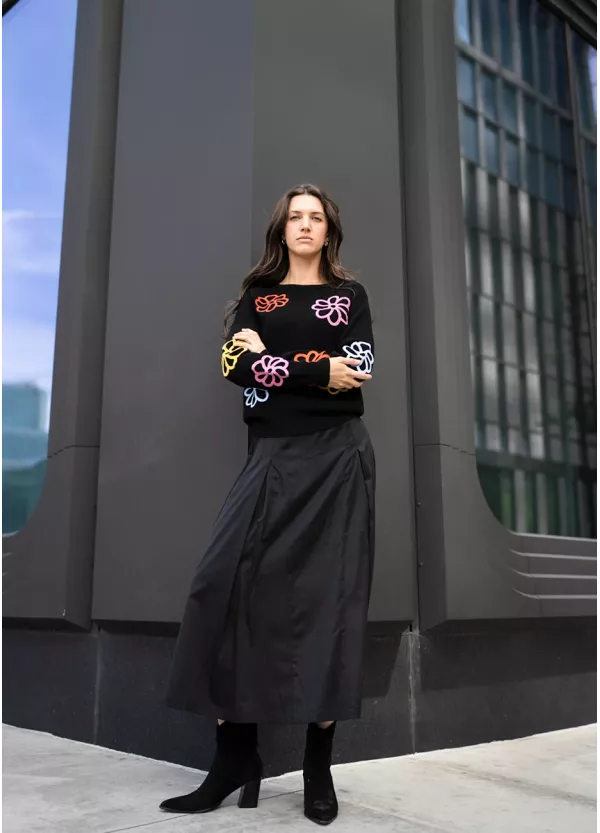 Bright Petal Knit & Black Skirt Outfit