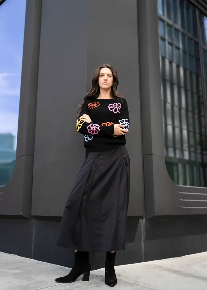 Paneled Flare Midi Skirt in Black