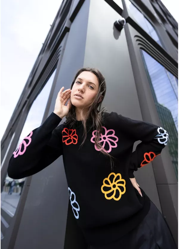 Bright Petal Knit & Black Skirt Outfit