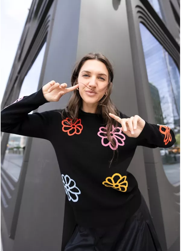 Bright Petal Knit & Black Skirt Outfit
