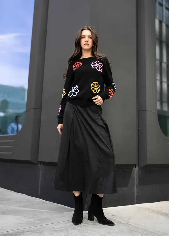 Bright Petal Knit & Black Skirt Outfit