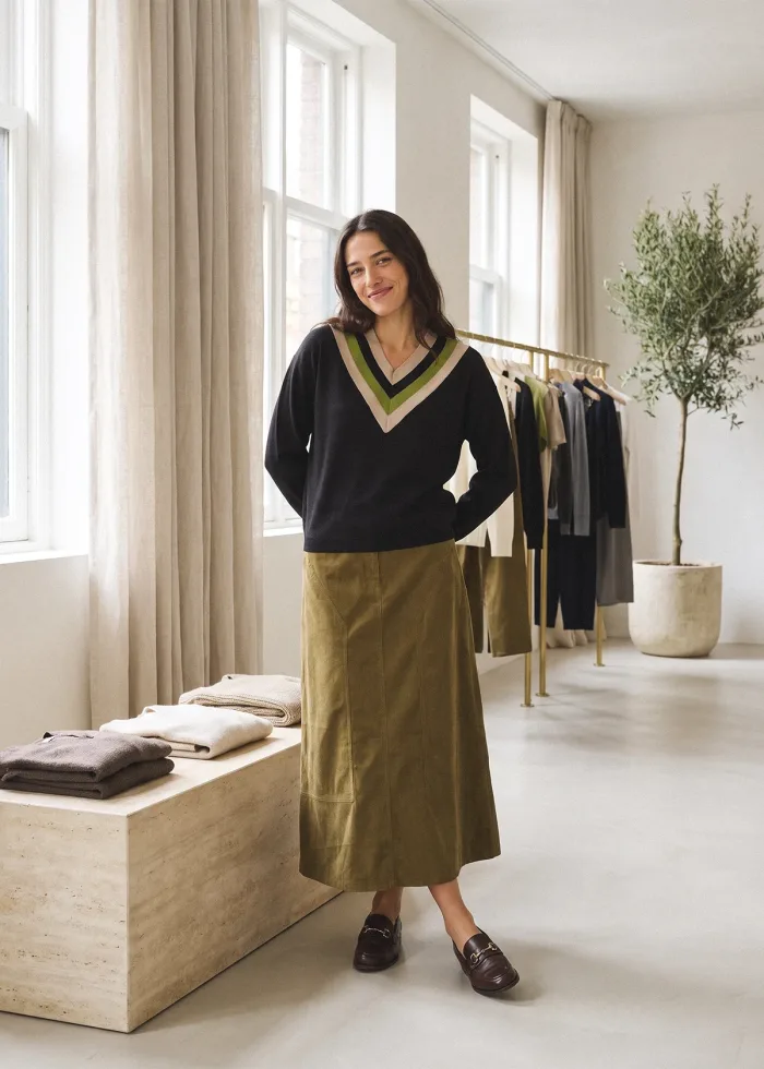The Olive Chevron V-Neck Outfit