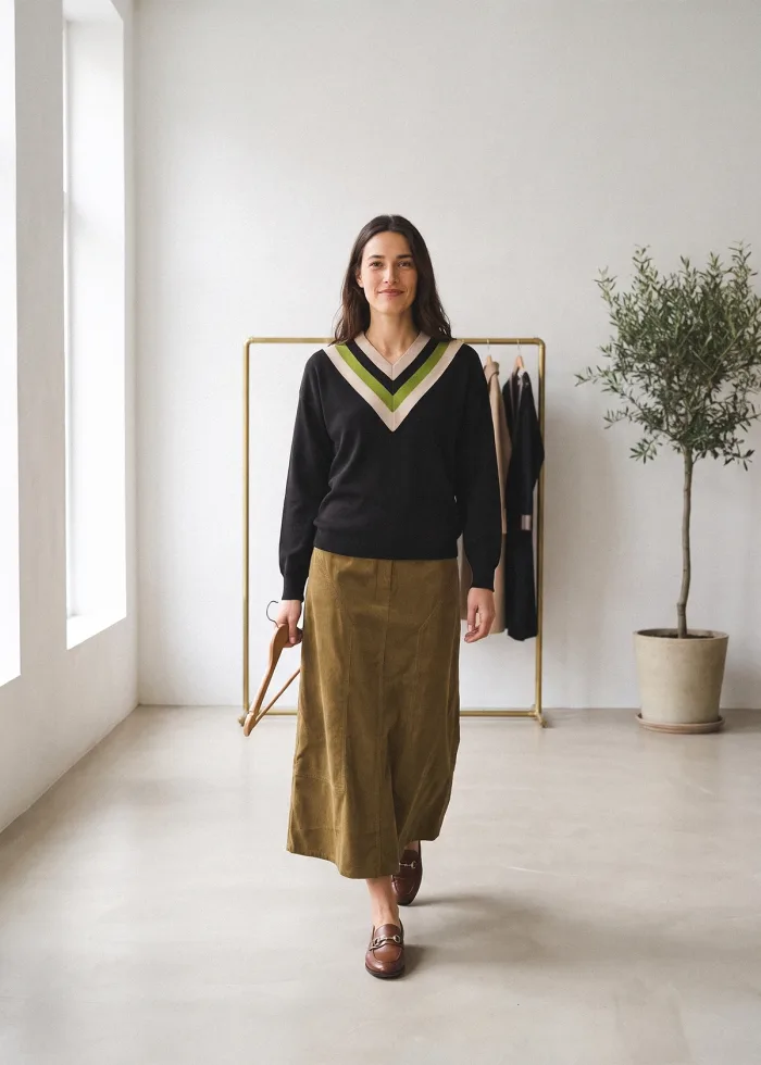 The Olive Chevron V-Neck Outfit