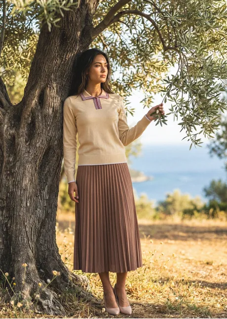 Beige Collar Sweater & Rust Pleated Midi Outfit