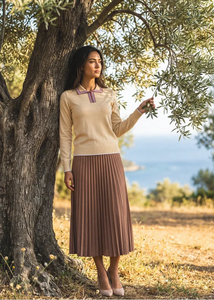 Beige Collar Sweater & Rust Pleated Midi Outfit