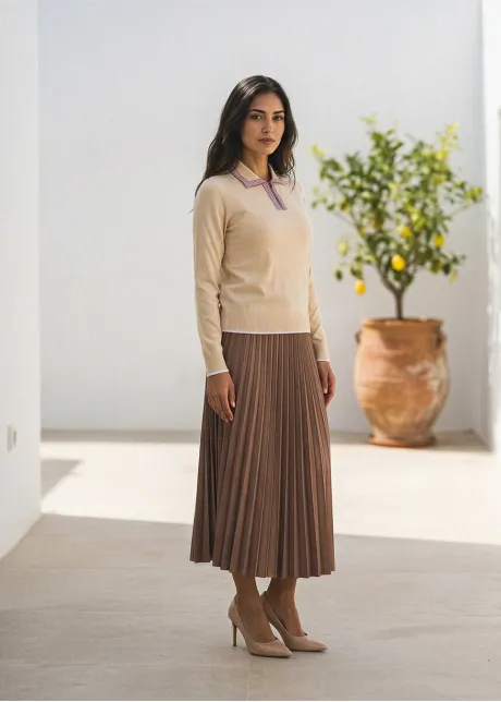 Beige Collar Sweater & Rust Pleated Midi Outfit