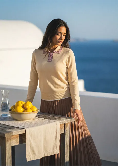 Beige Collar Sweater & Rust Pleated Midi Outfit