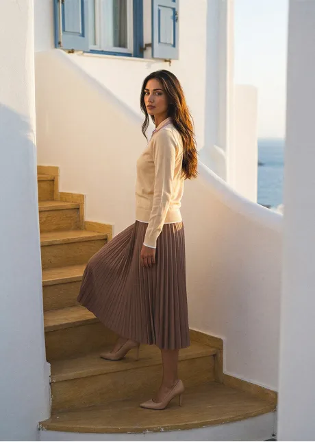 Beige Collar Sweater & Rust Pleated Midi Outfit