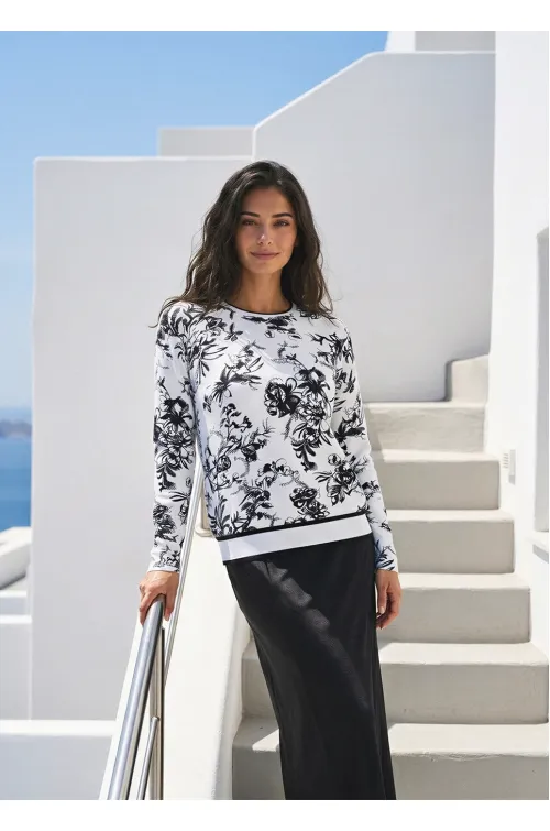 Graphic Floral Top with Black Midi Skirt
