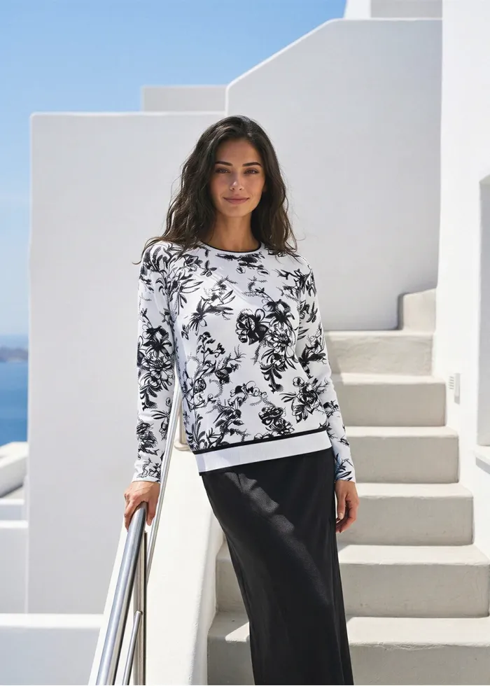 Graphic Floral Top with Black Midi Skirt