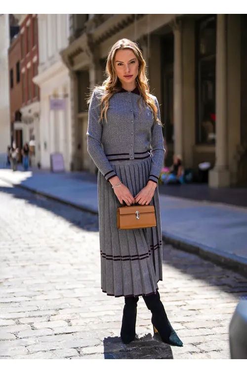 Grey Ribbed Knit Pleated Set