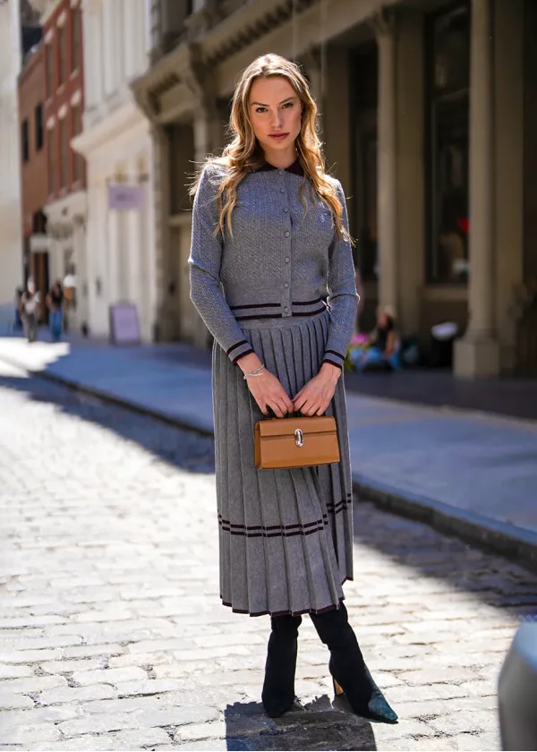 Grey Ribbed Knit Pleated Set