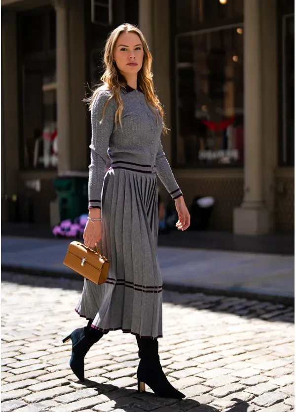 Grey Ribbed Knit Pleated Set