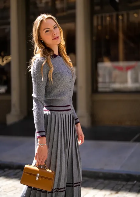 Grey Ribbed Knit Pleated Set