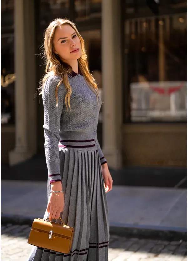 Grey Ribbed Knit Pleated Set