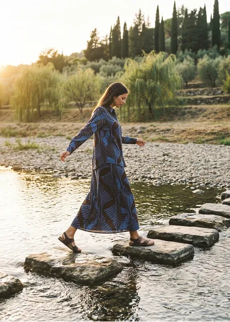 Leaf Print Button-Down Shirt and Skirt Set