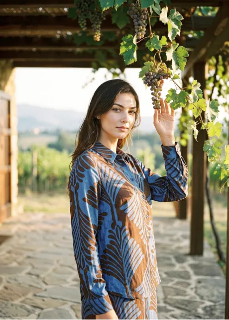 Leaf Print Button-Down Shirt and Skirt Set