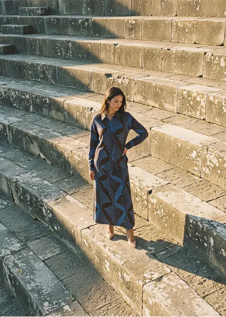 Leaf Print Button-Down Shirt and Skirt Set