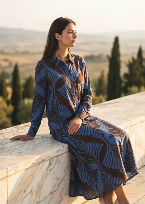 Leaf Print Button-Down Shirt and Skirt Set