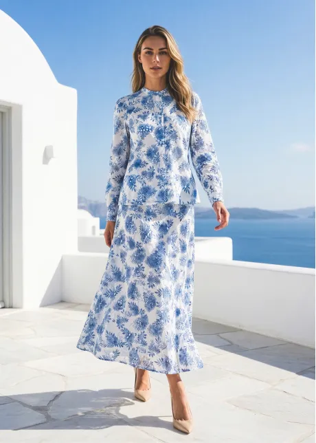 Blue Floral Blouse and A-Line Skirt Set