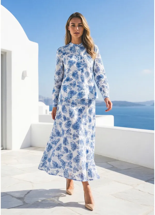Blue Floral Blouse and A-Line Skirt Set