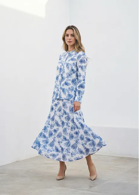 Blue Floral Blouse and A-Line Skirt Set