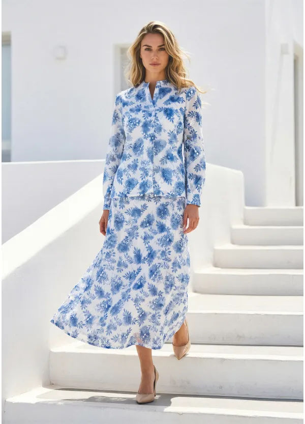 Blue Floral Blouse and A-Line Skirt Set