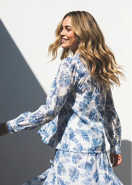 Blue Floral Blouse and A-Line Skirt Set