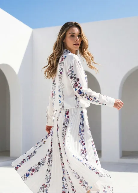 Soft Floral Stripe Blouse & Flow Skirt Set